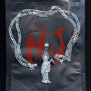 Hard Jewelry Santa Muerte Reaper Pendant and Figaro Chain